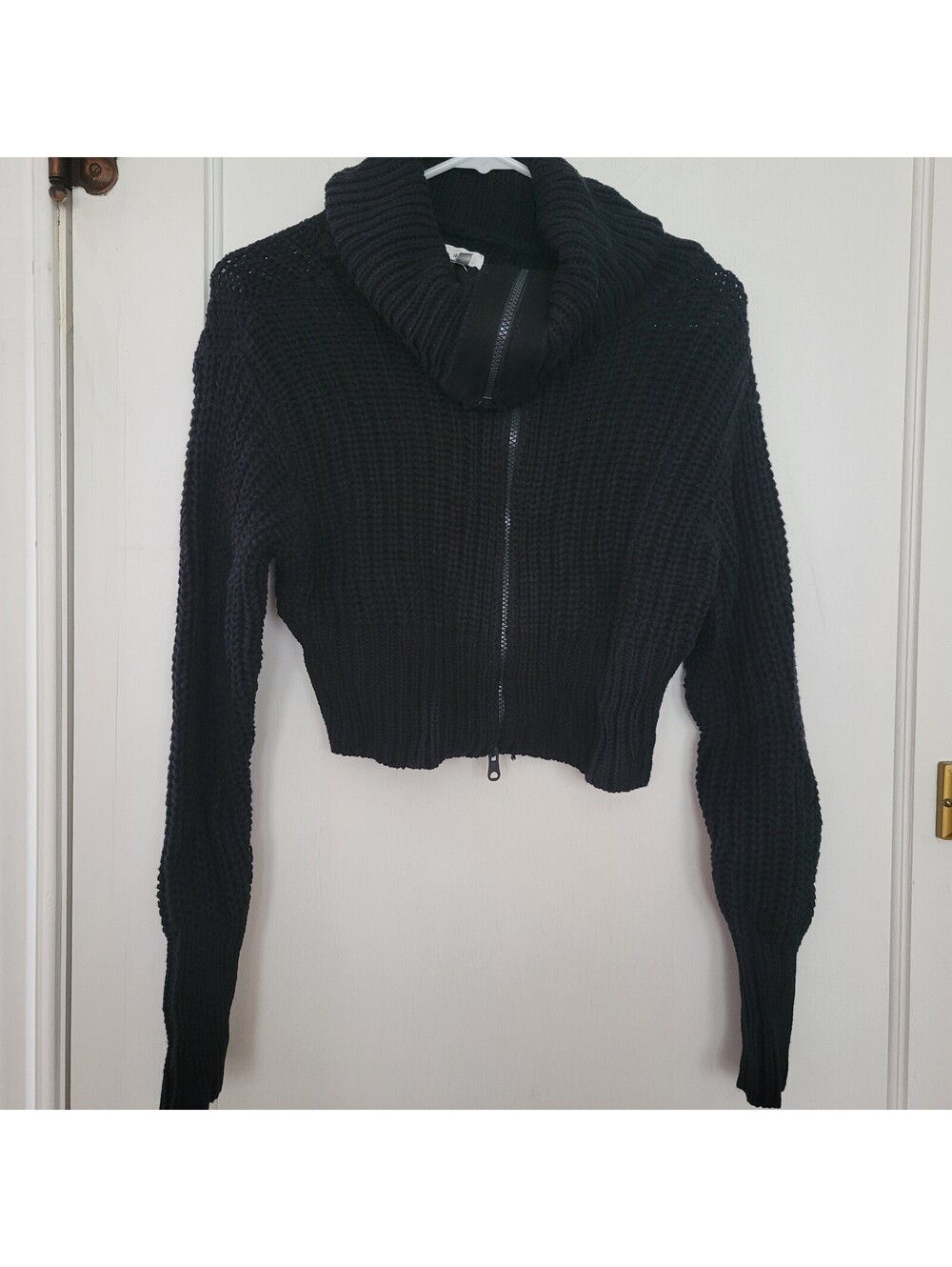 Aerie Sweater Women's XS Black Zip Cardigan Chunky Knit Crop Cotton Collar